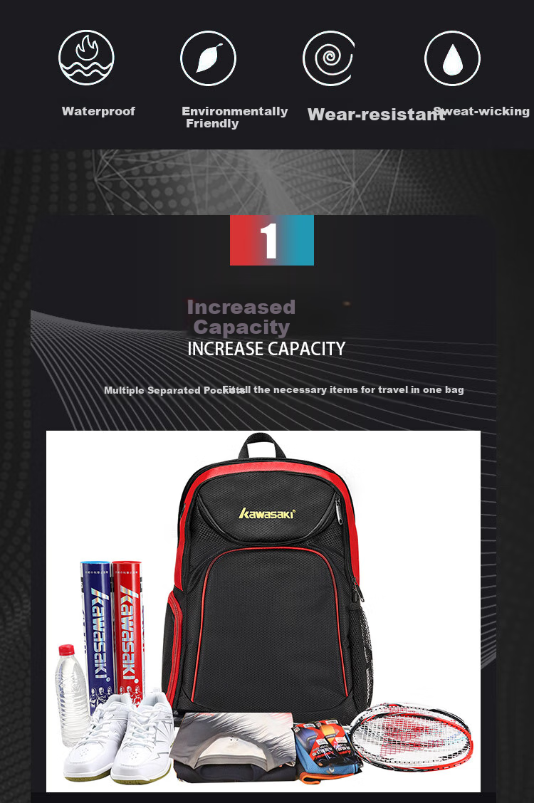 KAWASAKI Badminton Bag, Double Shoulder Backpack, Holds 3 Rackets, Multifunctional Sports Backpack for Men And Women, Tennis Bag, Model 8210, Black 2