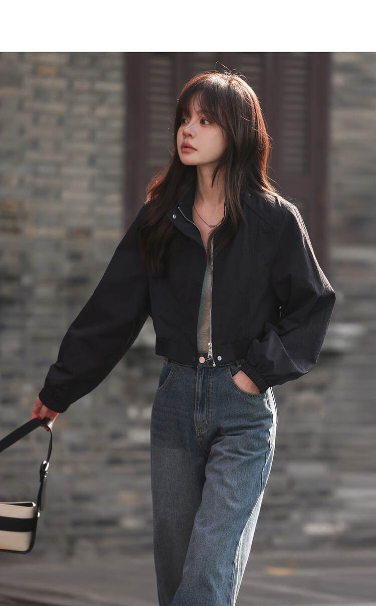MT [Urban Style] Spring Street Style Stand Collar Casual Lightweight Zip-Up Loose Short Petite Women's Jacket 5