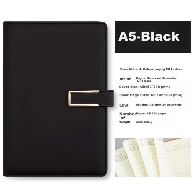 Jiaranheng Business A5 Notebook, Thick Leather Cover with Buckle, High-Quality Writing Pad, Office Stationery, Diary, Work Log, Meeting Record Book, Customizable, Black