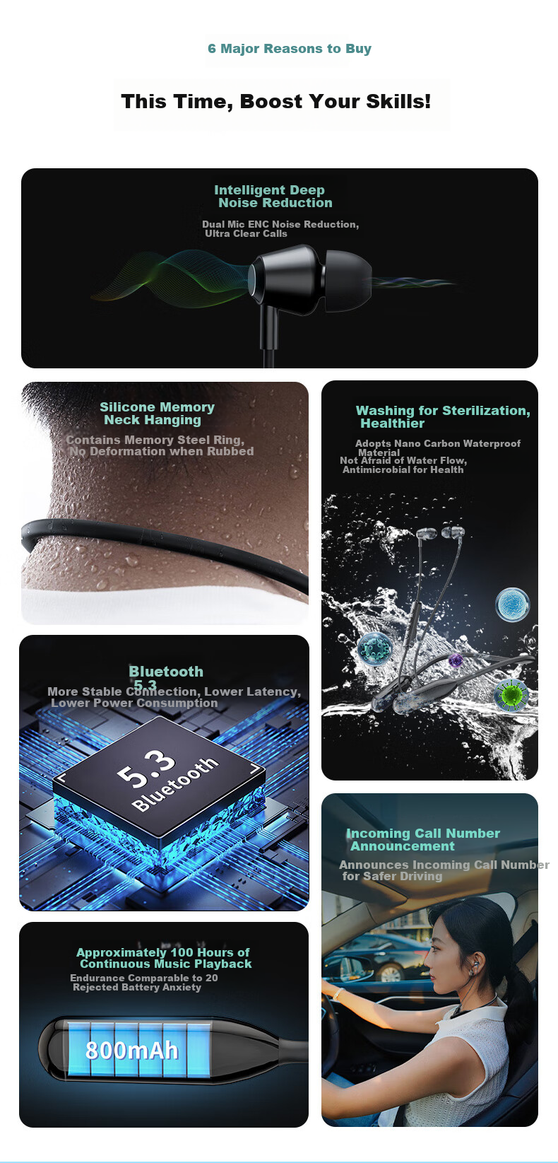 OKSJ [Neck Clip Bluetooth Headphones] Wireless Ear Clip Neck Strap Noise-Cancelling Sports Headphones for Xiaomi/Apple Phones, Waterproof for Running And Gaming 1