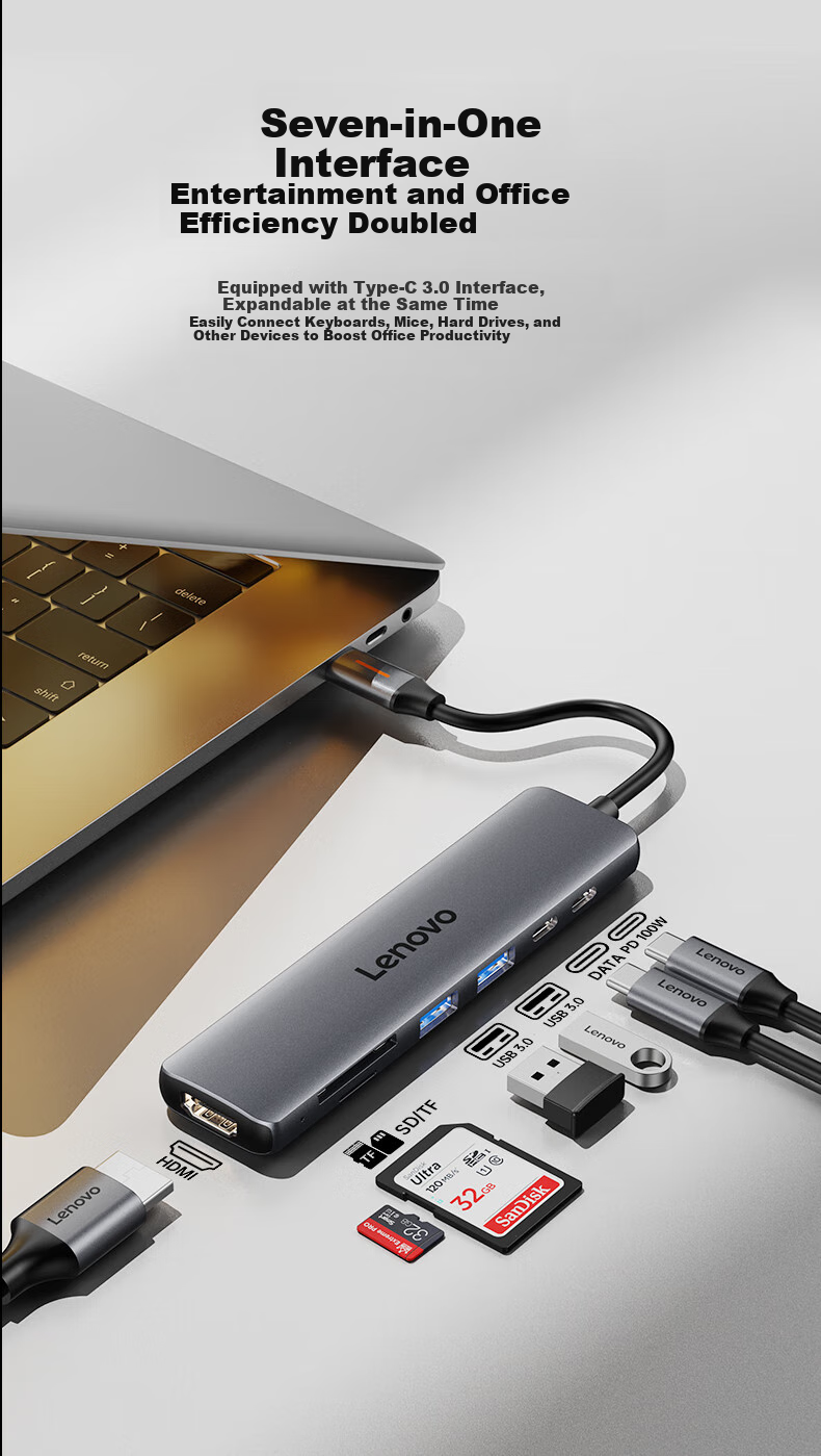 Lenovo Type-C Expansion Dock, USB-C to HDMI Converter, USB3.0 Hub, Laptop Splitter, 4K60Hz Screen Mirroring, PD Fast Charging, Multi-Port Adapter 3