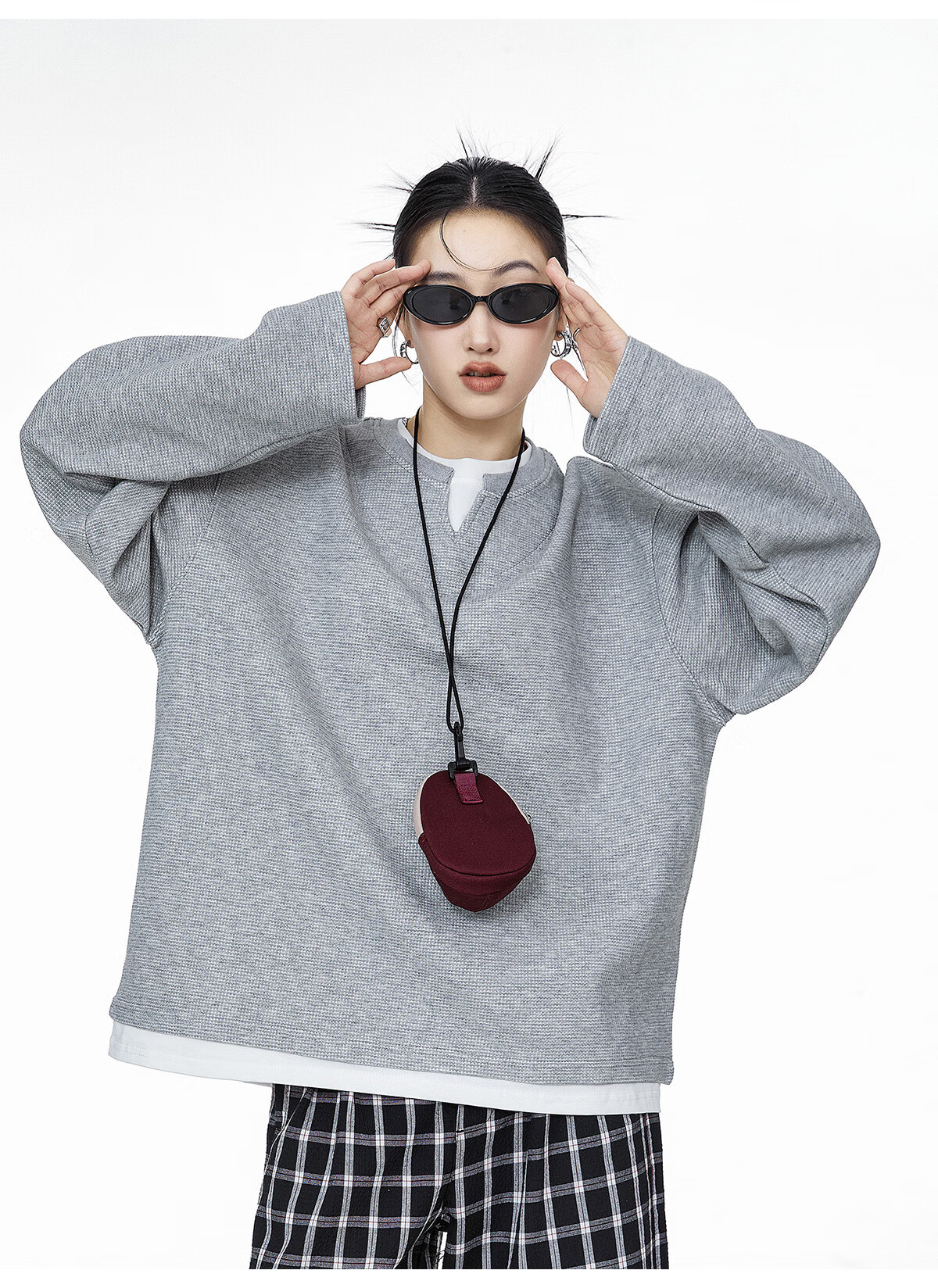 ICH MODE Women's Pullover Sweatshirt American Waffle Long Sleeve T-Shirt Autumn Winter Loose Casual Henley Neck Top Gray L 15