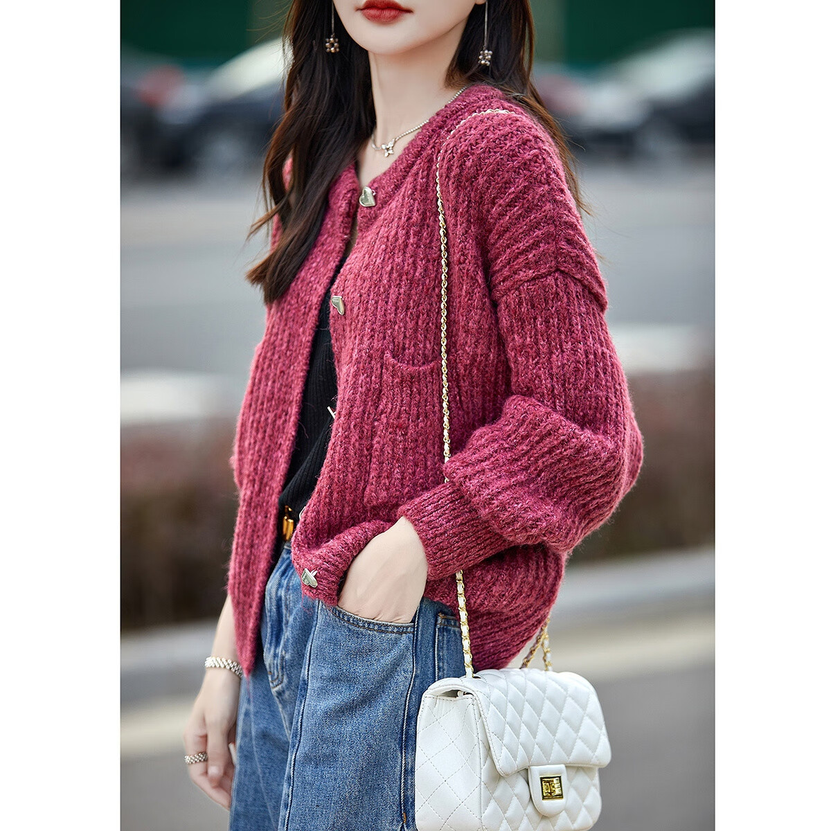 Dme Chunky Knit Cardigan Winter Warm Thick Round Neck Sweater Heart Metal Button Loose Knit Top