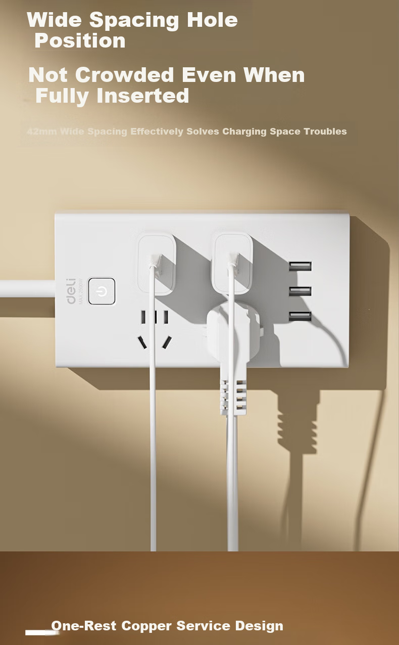Deli USB Smart Power Strip, Extension Cord/Power Bar/Outlet Strip, 3 USB Ports + 6 5-Prong Outlets, Master Switch 2 Meters, Child Safety Lock, 18284 8