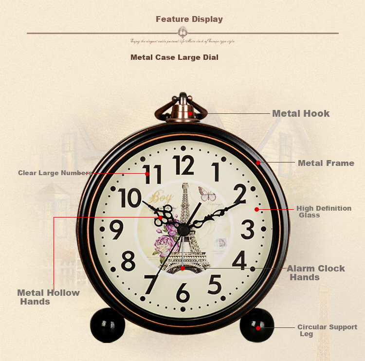 Hense Creative Alarm Clock, Personal Bedside Table Clock, Retro European Style Simple Alarm Watch, Bedroom Student Quiet Wall-Mountable Clock HA65 Xishangzhitou 2