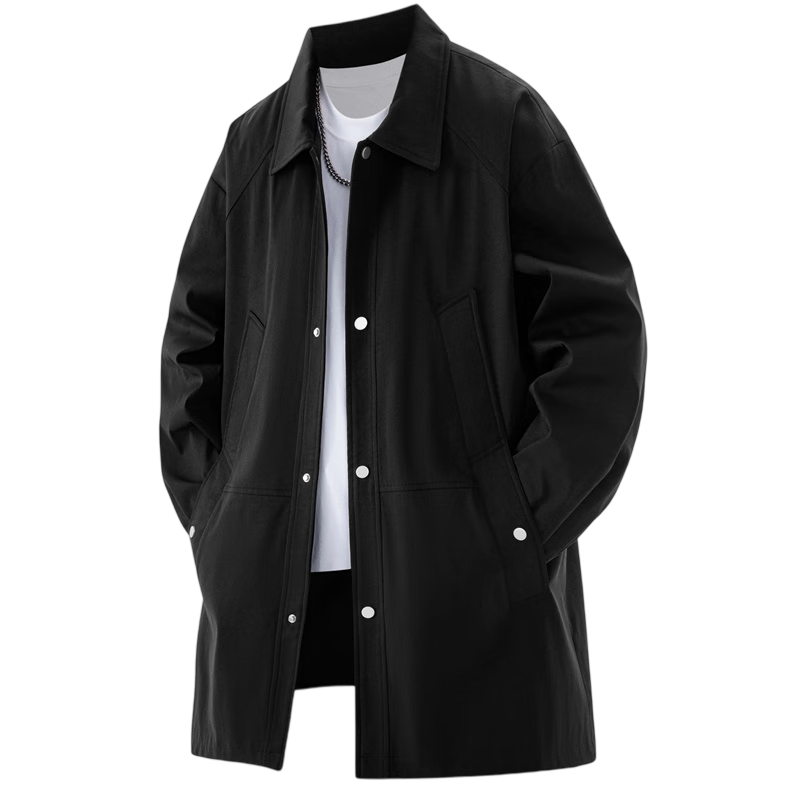Pierre Cardin Men's Trench Coat Spring Autumn Korean Style Loose Casual Mid-Length Coat Trendy Lapel Overcoat Black XL