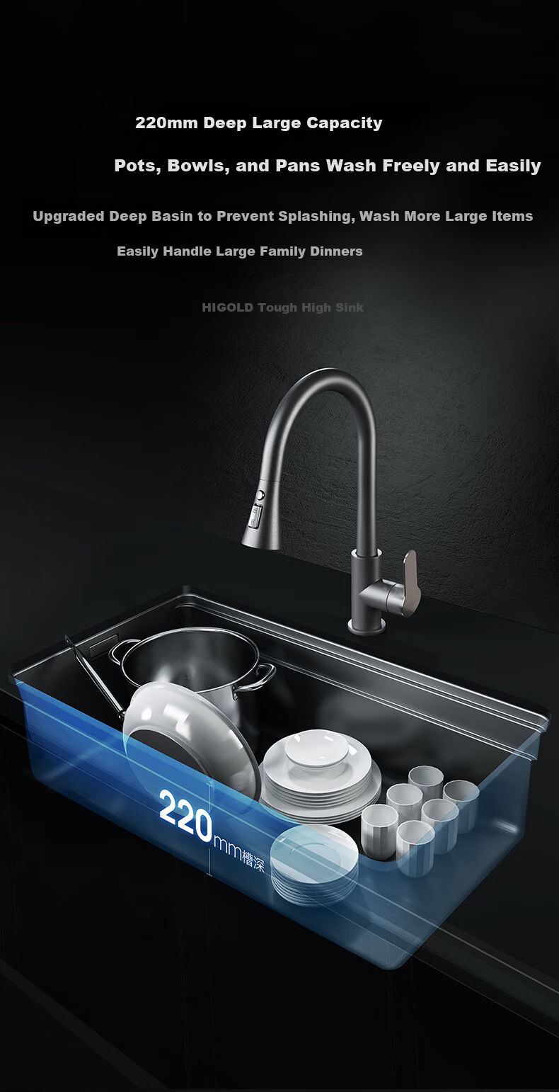 HIGOLD Kitchen Sink, Double-Step Black Titanium Nano 304 Stainless Steel Large Single Bowl, Vegetable Washing Basin, Dishwashing Sink, Faucet Set 10
