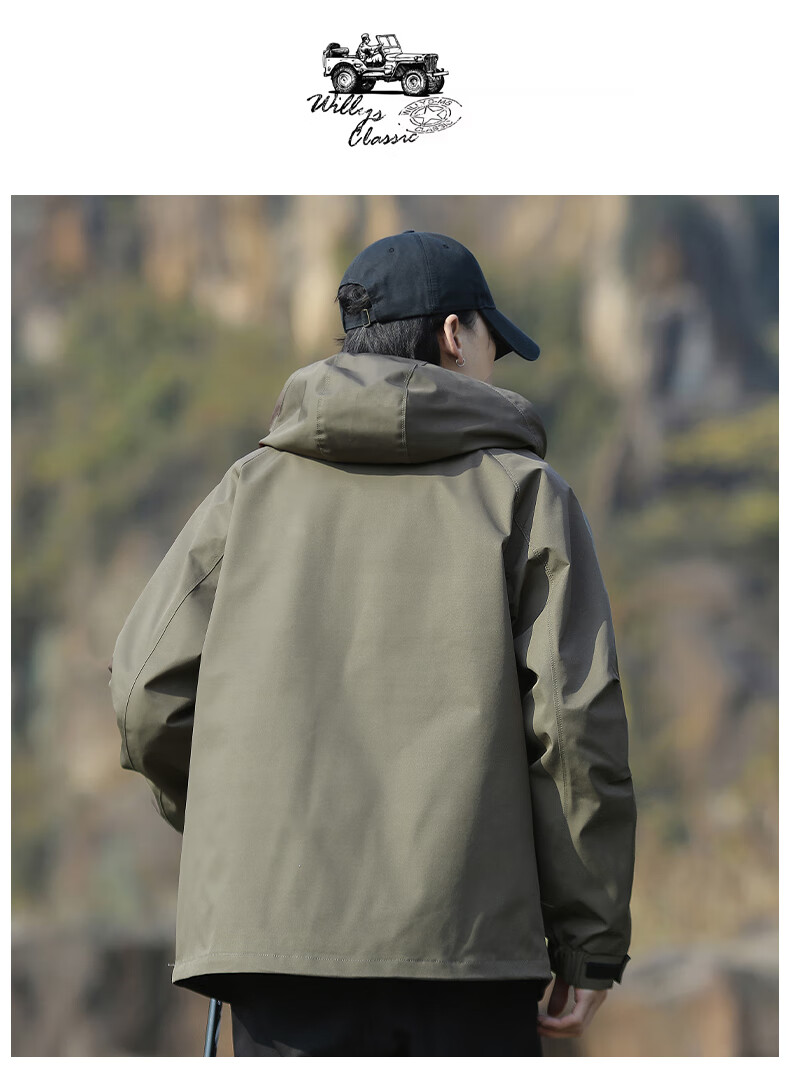 JEEP Men's Spring Casual Hooded Jacket Loose Workwear Mountain Climbing Coat Military Green 3XL 3
