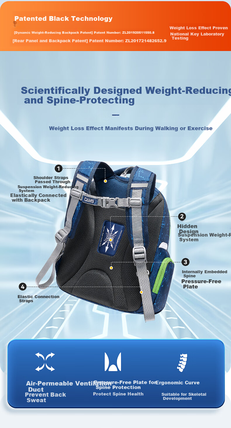 CAMS [Preschool to Primary School Transition] Floating Weight Reduction Backpack for Grades 1-2 Boys And Girls, Lightweight Spine Protection Schoolbag S03204 4
