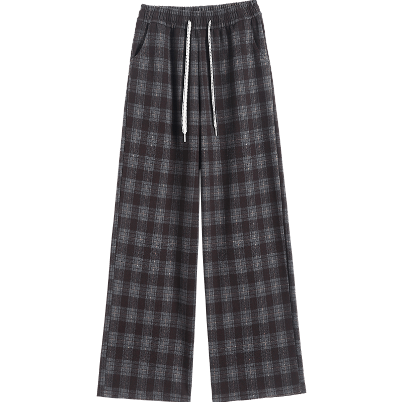 Demana [Inspiration Plaid] Autumn College Style Drawstring Elastic Waist Loose Fit Relaxed Wide-Leg Petite Women's Casual Pants