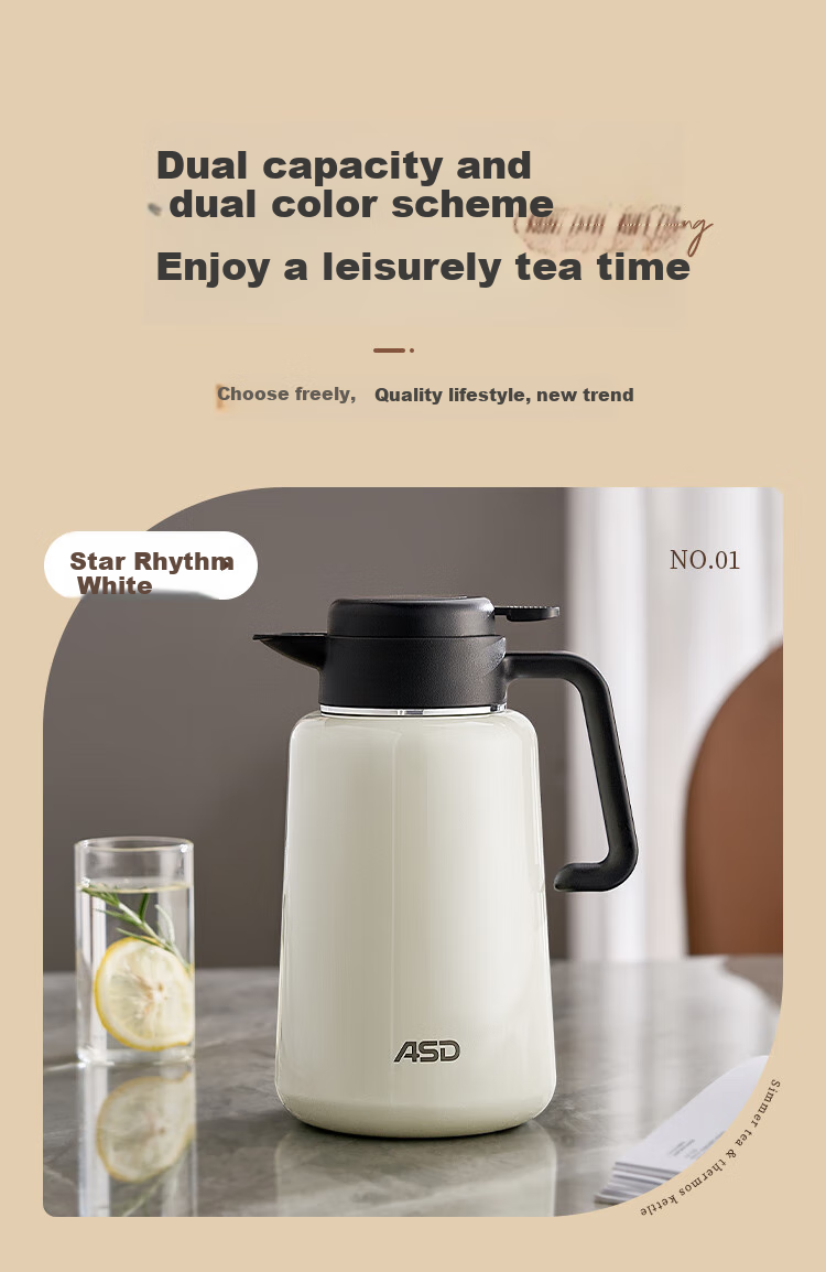 ASD Insulated Bottle, Large Capacity for Home Use, 316L Stainless Steel Inner Liner, Vacuum Thermal Water Kettle, Thermos Flask, 1.8 Liter, Xingyun White 12