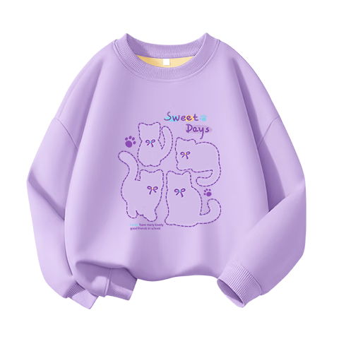 Langsha Girls' Fleece-Lined Crewneck Sweatshirt Spring Warm Casual Durable Thin Velvet Long Sleeve Stylish Taro Purple 140