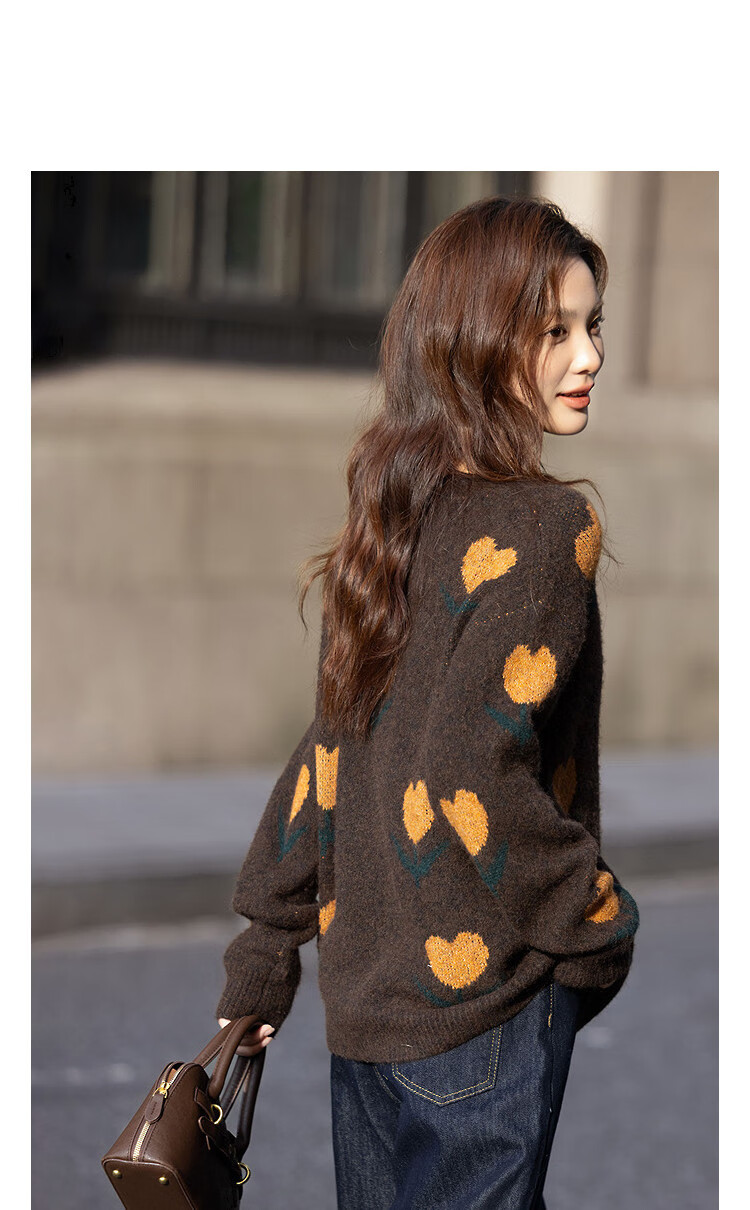 Demana [Warm Secret] Winter Lazy Style Colorblock Jacquard Crew Neck Wool Blend Knit Sweater for Women 1
