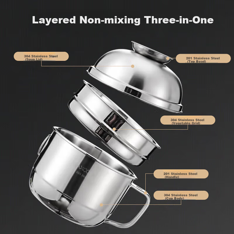 Maxcook 304 Stainless Steel Lunch Box, Fast Food Cup Bowl Student Lunch Box, Noodle Bowl Ramen Cup, Two-Layer 14cm MCFT046