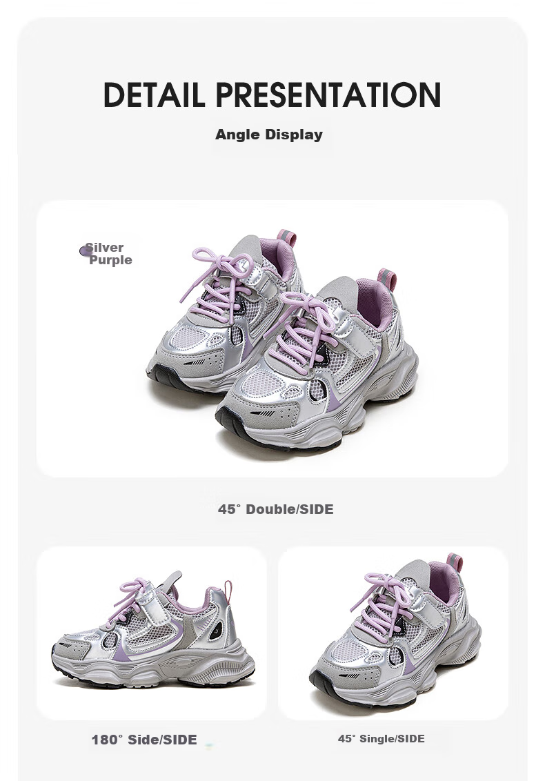 Fulomi Girls' Sports Shoes Summer Mesh Breathable Casual Non-slip Dad Sneakers Silver Purple (Summer Edition) Size 32 14