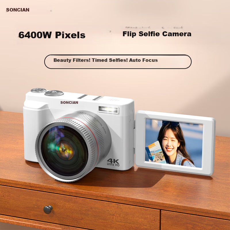 SONGDIAN Digital Camera, Replaces CCD, Entry-Level Point-And Mirrorless Vlog Camera, Flip Selfie Camera DC101AF Official Standard Configuration + Wide-Angle Lens Kit, 32GB Memory