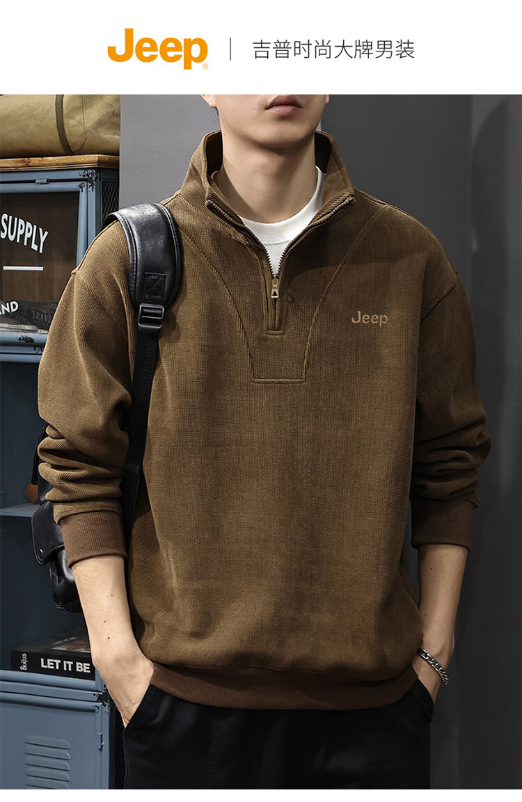JEEP Men's Autumn Winter Zip-up Loose Long Sleeve Corduroy Thick Warm Sweatshirt Gray 2XL 2