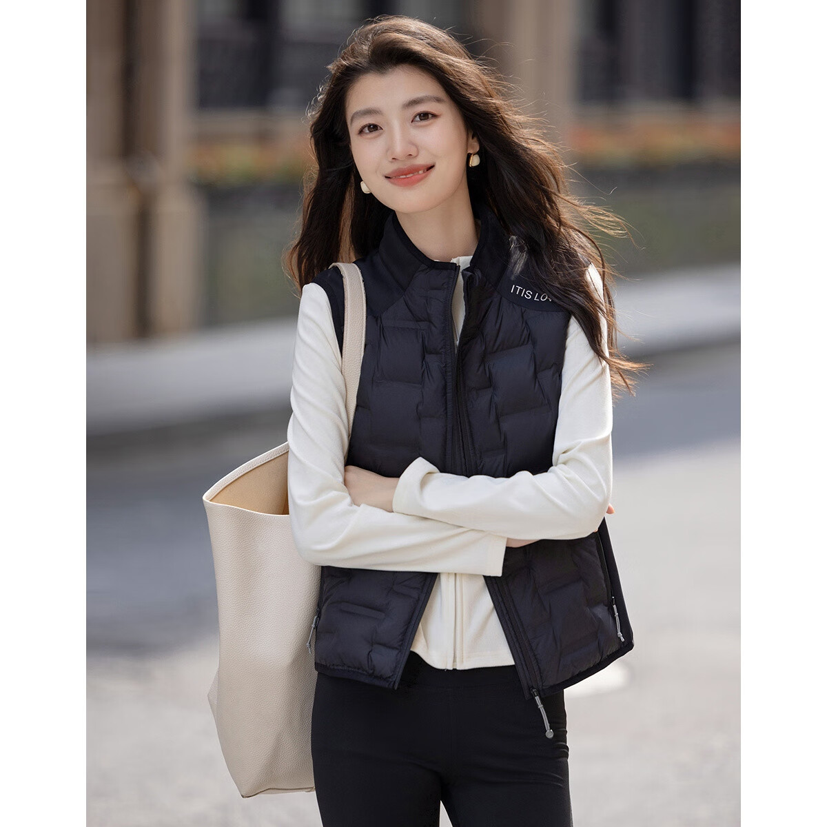 Demana [Light Warm Home] Winter High-End 90% Goose Down Stand Collar Gold Letter Patchwork Knitted Sleeveless Down Vest