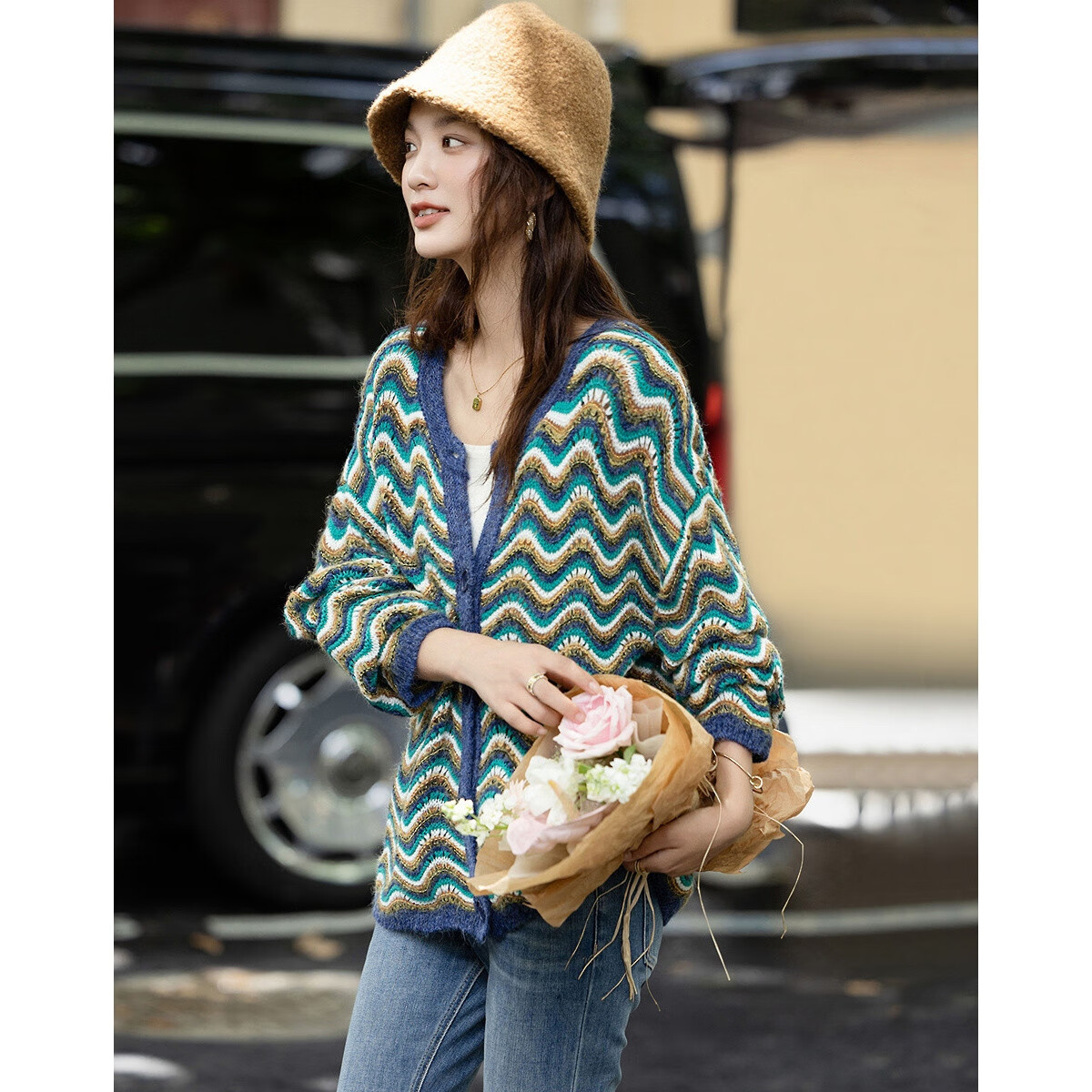 Demana Autumn Colorblock Wave Pattern Loose Fit Wool Blend Knit Cardigan for Petite Women