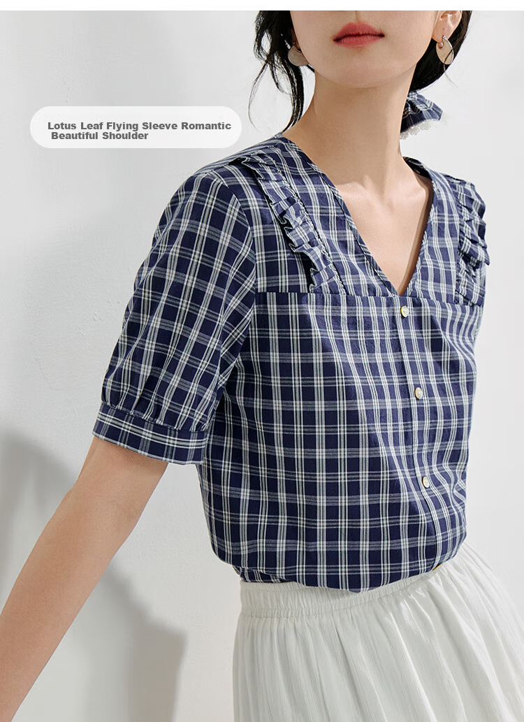 INMAN French Plaid Dress Summer Women's Versatile Puff Sleeve A-Line Skirt Navy Blue S 4