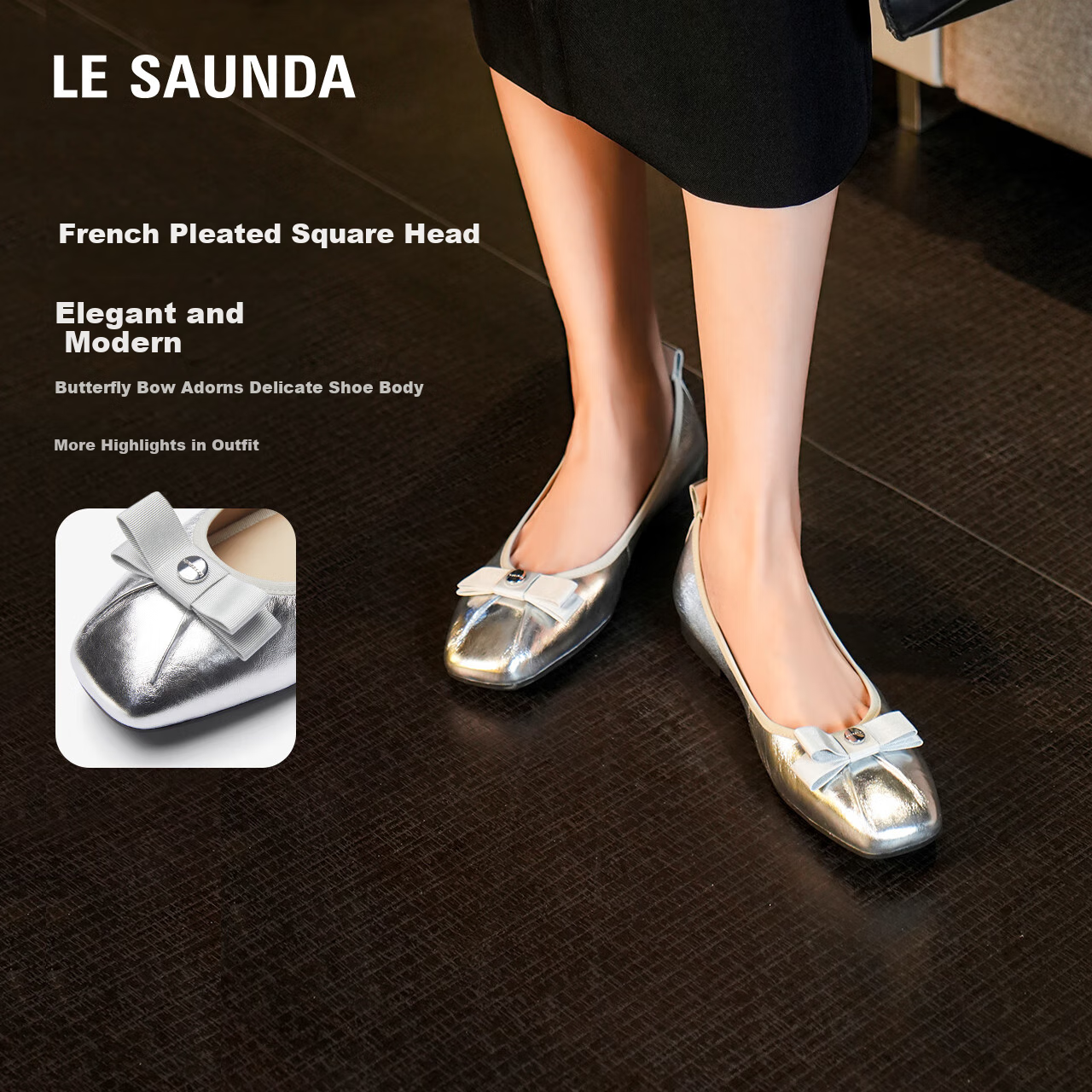 Le Saunda Elegant Bow Square Toe Shallow Low Heel Slip-On Women's Flats 6M01701 Moonlight Silver SVL 37