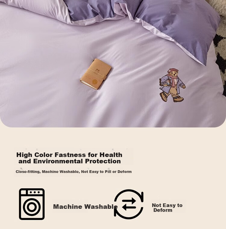 Teenie Weenie Class A Pure Cotton Three-Piece Set, All-Cotton Washed Cotton Single Bed Sheet, Duvet Cover, Bedding for Student Dormitory, 1.2m Bed, Gray Purple + Dark Purple 18
