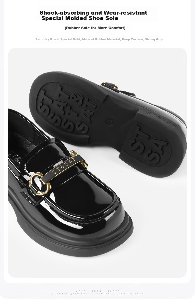 St&Sat Women's Spring Soft-Soled Flats, Girls' Black Leather Shoes, Loafers, Parent-Child Shoes, Slip-On Versatile Style, Black, Size 33 9