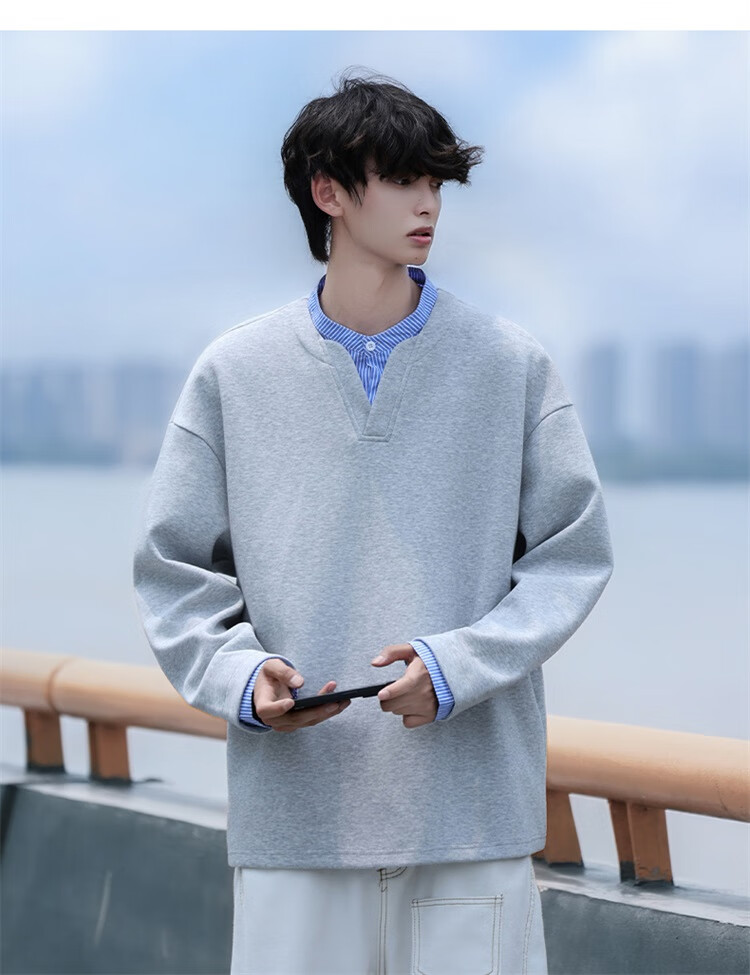Homlean Men's American Casual Two-in-One Sweatshirt Autumn Loose Vintage Polo Shirt Versatile Top HP05 Ultimate Black 3XL 11