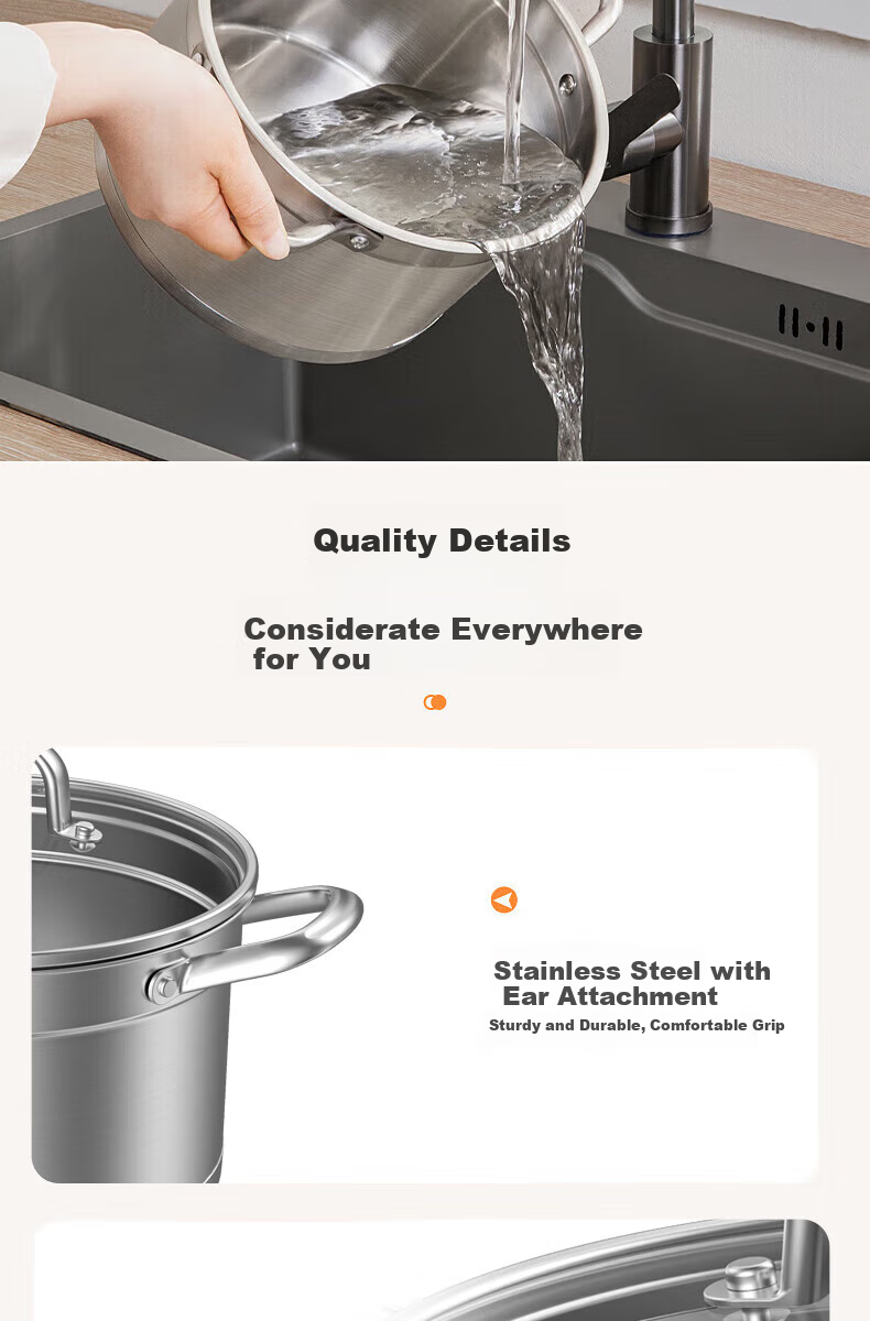 KOBACH Thickened 304 Stainless Steel Large Capacity Stew Pot with Double Handles, Anti-Scalding Noodle Cooking Pot, 24cm, Dishwasher Safe 10
