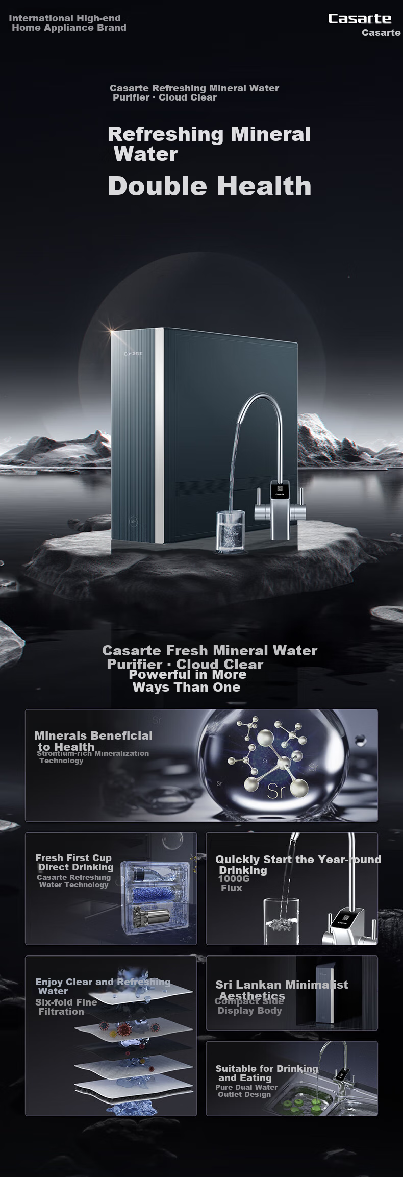 Casarte Water Purifier, Fresh Water Home Water Filtration System, 1000G Long-Lasting RO Membrane, Strontium-Rich Fresh Water Direct Drinking Mineral Water Purifier, Pure Dual Outlet CRO1000-DFACU1 2