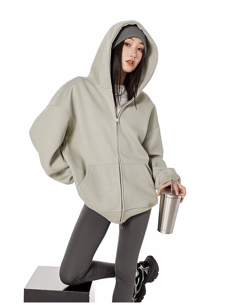ICH MODE Fleece-Lined American Style Hoodie Jacket Women Autumn Winter Loose Fit Double Zipper Cardigan Lazy Long Sleeve Coat Black L 24