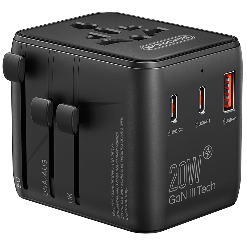Newton's Laws Universal Travel Adapter with Fast Charging Cable Set, International Socket Converter for UK, US, EU, AU, JP Standards, 20W Fast Charge, 1A2C+2AC Five-Port Simultaneous Charging, Black