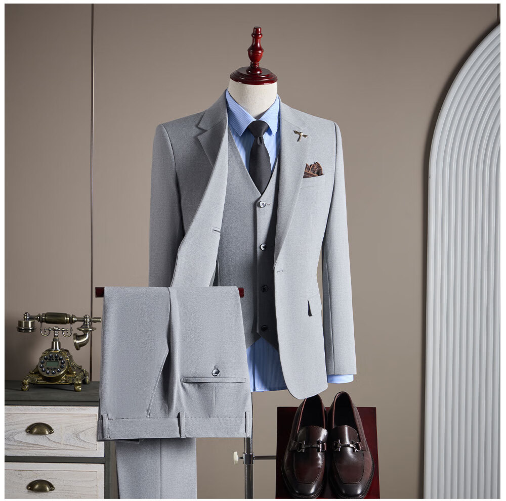 ROMON Men's Business Suit Set Blazer + Vest + Trousers Black 2XL 15