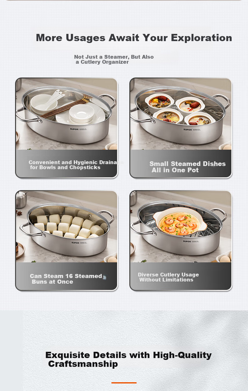 SUPOR 304 Stainless Steel Multi-Purpose Steaming Pot, 6.3L Deep Large Capacity, Visible Lid, Suitable for Open Flame And Electric Ceramic Stoves 10