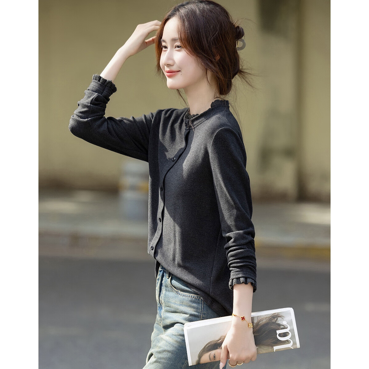 Demana Autumn Leisure Loose Fit Cardigan Slightly Stretchy Slimming Petite Women's Sweatshirt