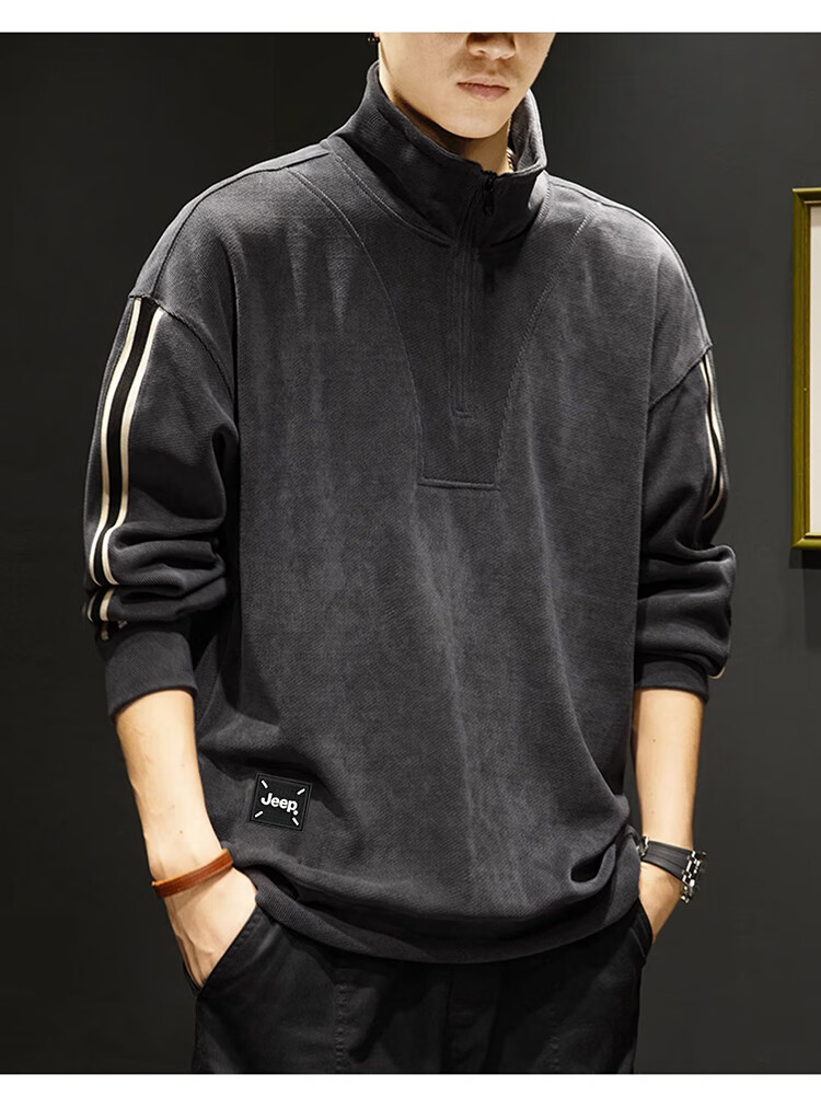 JEEP Men's Autumn Winter Corduroy Thickened Warm Loose Long Sleeve Zip-up Sweatshirt Dark Gray M 2