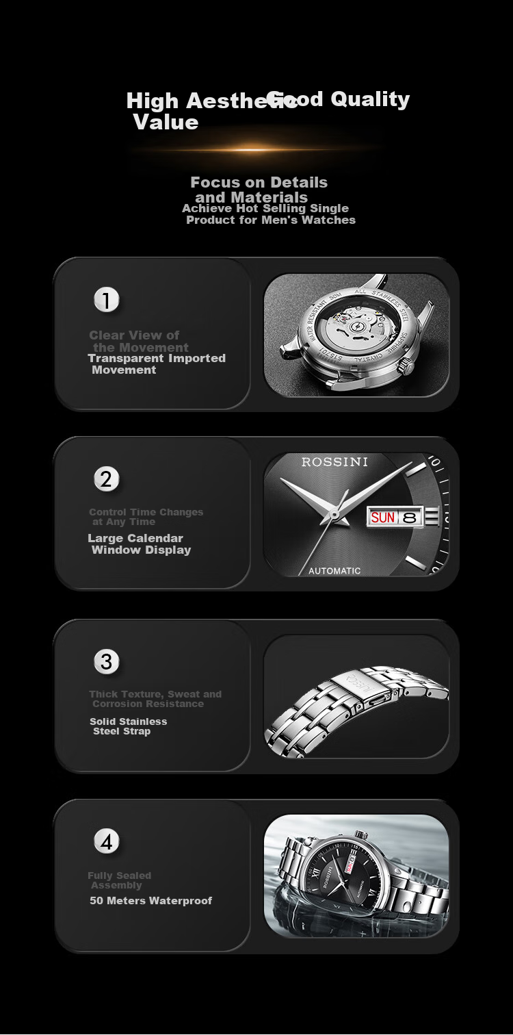 ROSSINI Men's Mechanical Watch, Birthday Gift, Business Casual Style with Black Dial And Steel Strap, Model 525701 3
