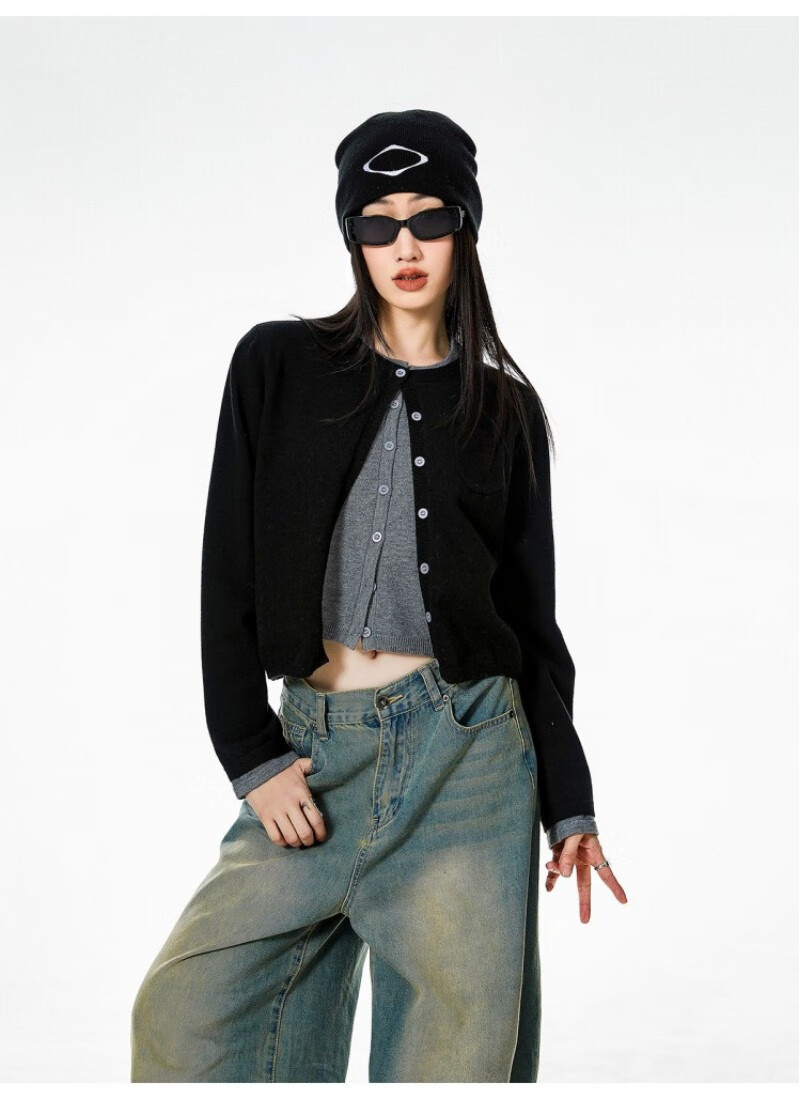 ICH MODE American Vintage Two-in-One Knit Cardigan Women Autumn Winter Sweater Jacket Base Shirt Long Sleeve Top Dark Gray XL 8
