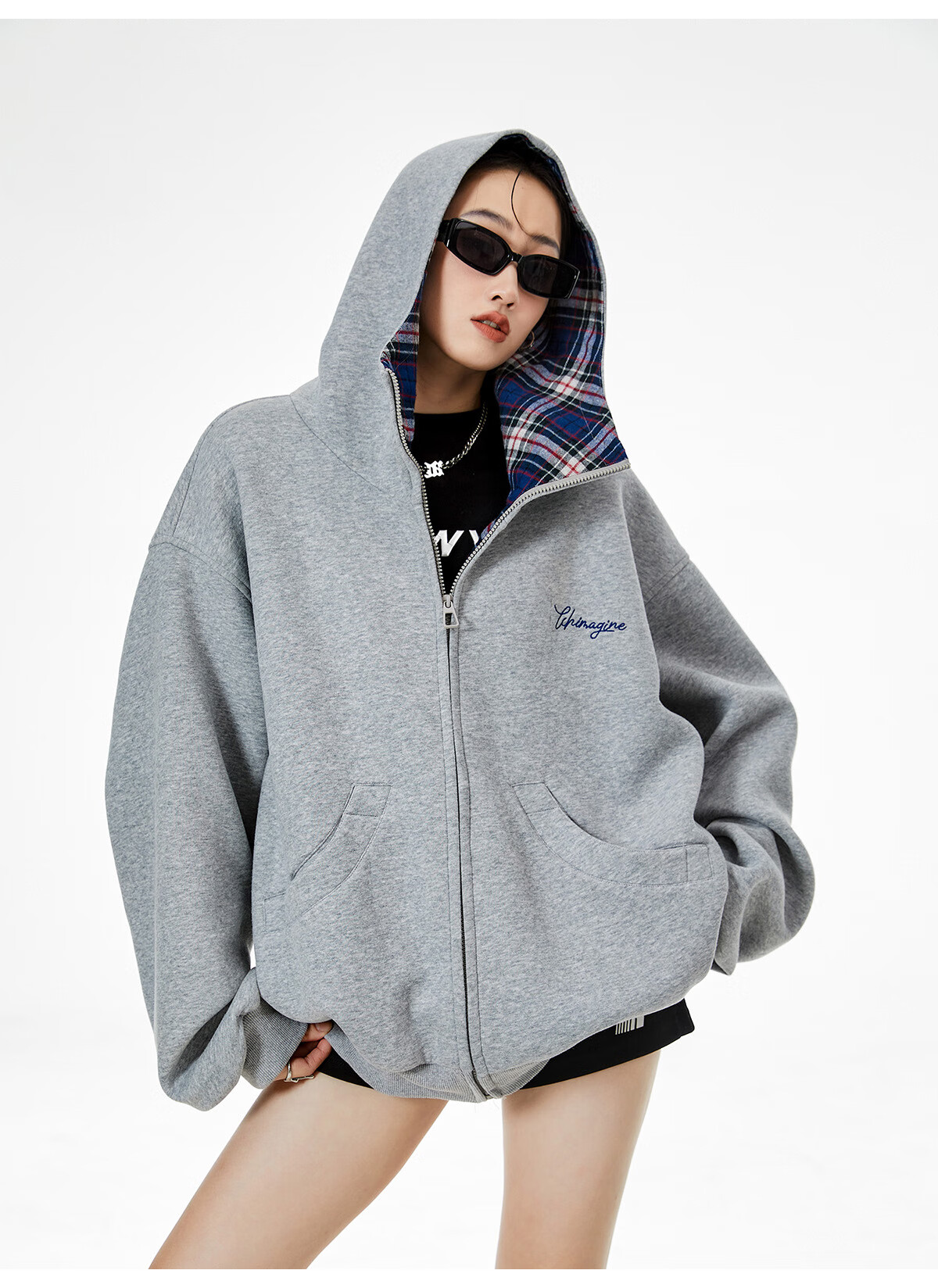 ICH MODE Celebrity Style American Plaid Patchwork Cardigan Sweatshirt Autumn Jacket Sports Cardigan Top Women Heather Gray XL 23