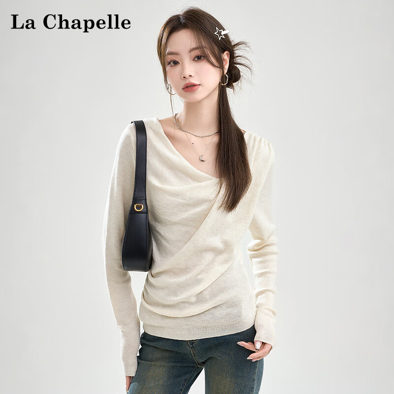 La Chapelle Women's Slim Fit V-Neck Pleated Knit Top T-Shirt in Apricot, Size S