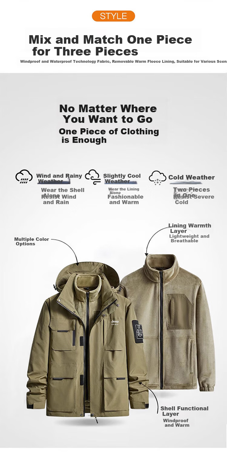 JEEP SPIRIT Men's Three-In Jacket, Autumn And Winter Casual Loose-Fitting Hooded Workwear Coat for Me 2