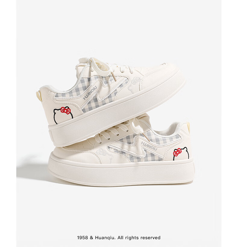 Huanqiu Thick-Soled Versatile Casual Shoes, 2025 Autumn New Style Plaid White Sneakers, Lightweight Student Skateboard Shoes for Women, Beige Blue, Size 38 8