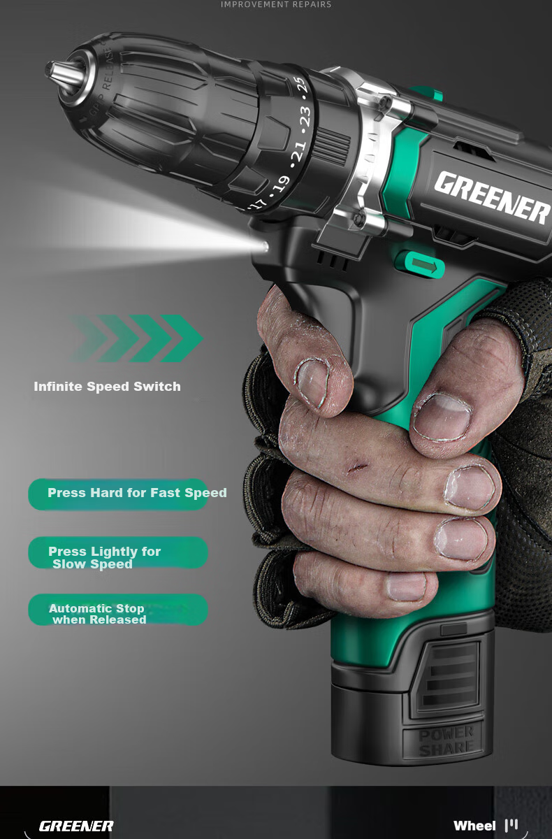 GREENER 12V Electric Drill, Cordless Screwdriver, Household Rechargeable Electric Tool Box, 2.0 Battery Set 15