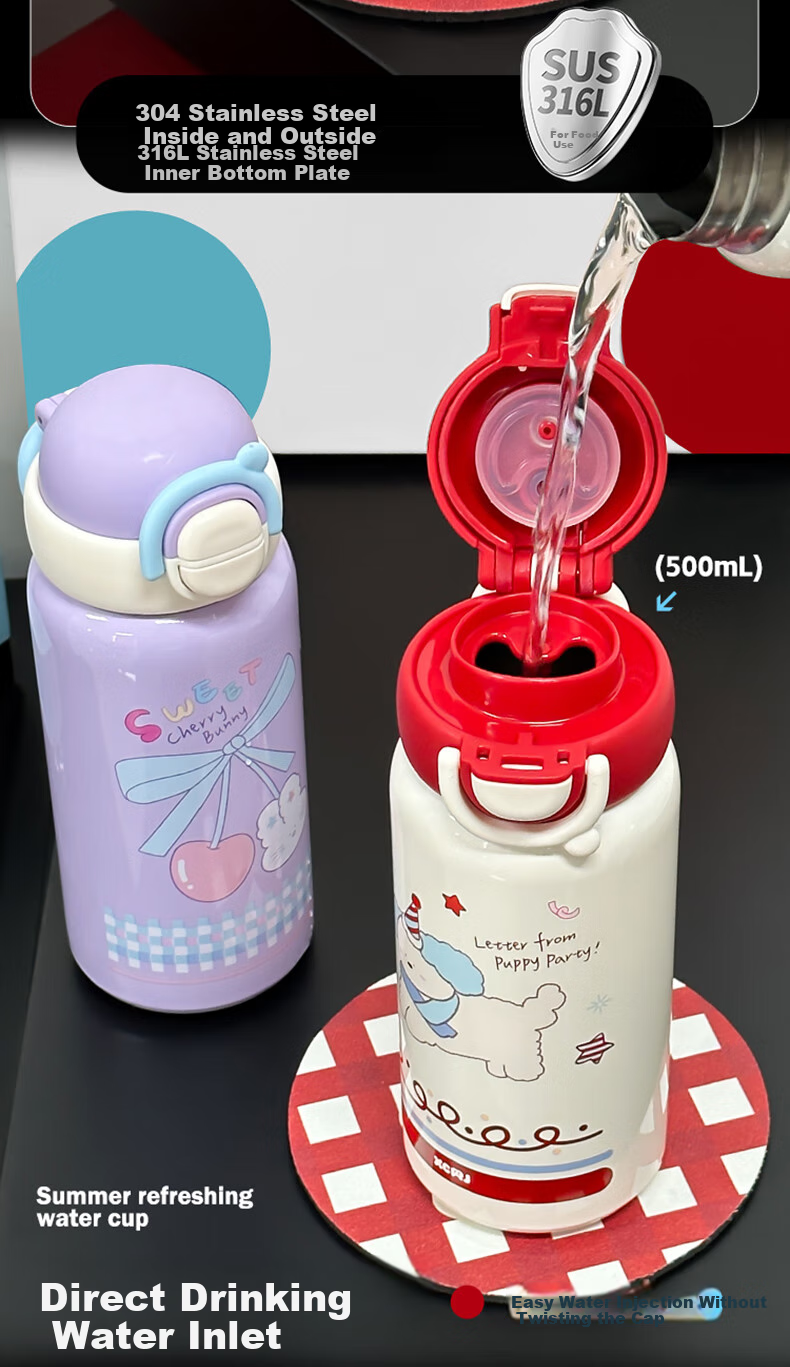 JIWUSENLIN Children's Insulated Cup Large Capacity Water Bottle for Boys And Girls with 304 Stainless Steel Cold-Keeping Straw Cup White 500ml 6