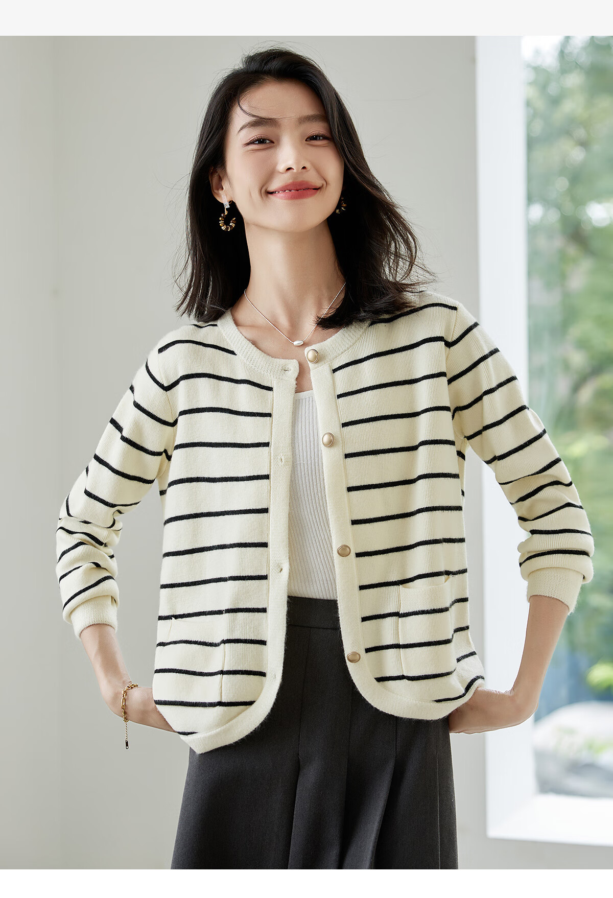 Chushen Spring And Autumn Knitted Cardigan for Women, Versatile Round Neck Fashionable Striped Curved Hem Sweater Jacket Top S143Z1032 3