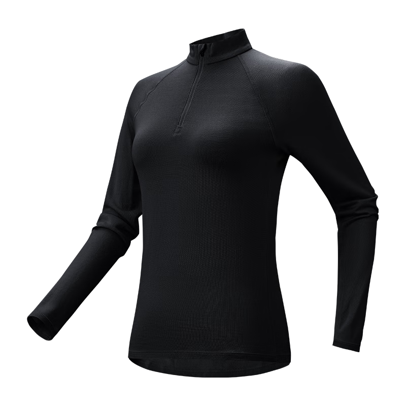 JD Jingzao Women's Wool Quick-Dry T-Shirt Outdoor Sports Hiking Mountaineering Long Sleeve Thermal Underwear Half-Zip Black 2XL