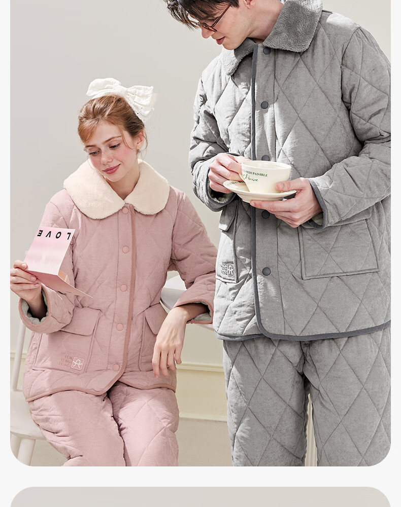 Fenteng Couple's Pajamas, Winter 2026 New Style, Fleece-Lined Three-Layer Thickened, Anti-Static Quilted Warm Women's And Men's Home Wear Set 3