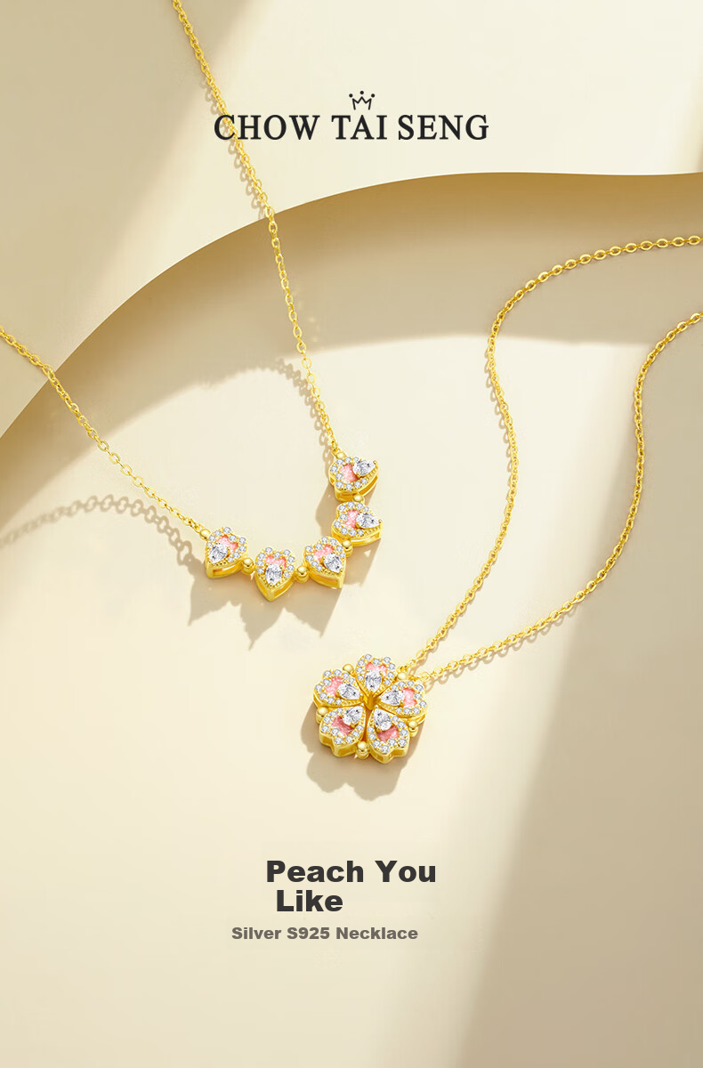 CHOW TAI SENG Peach Blossom Silver Necklace for Women, 2026 New Light Luxury High-End Heart Pendant Birthday Gift for Girlfriend Or Best Friend 1