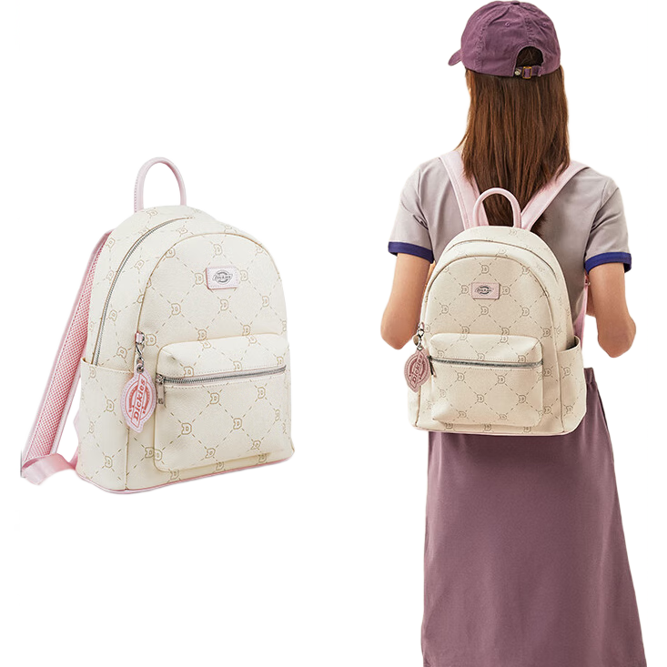 Dickies Backpack for Women, Lightweight Versatile Cute Casual PU Schoolbag, Fashionable All-Over Print Commuter Travel Bag in Cream Apricot