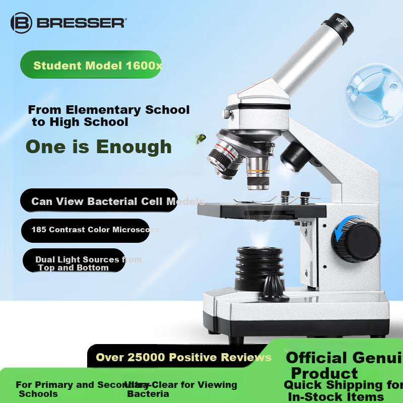 Bresser Microscope for Middle School Students, High School Entrance Exam Preparation, Professional Students, Biology, Children's Science Experiments, Breeding, 1600x Magnification, New Year Gift